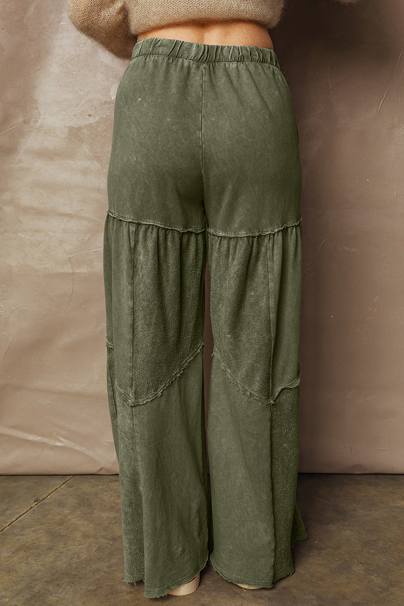 Washed Patchwork Drawstring Wide-Leg Pants