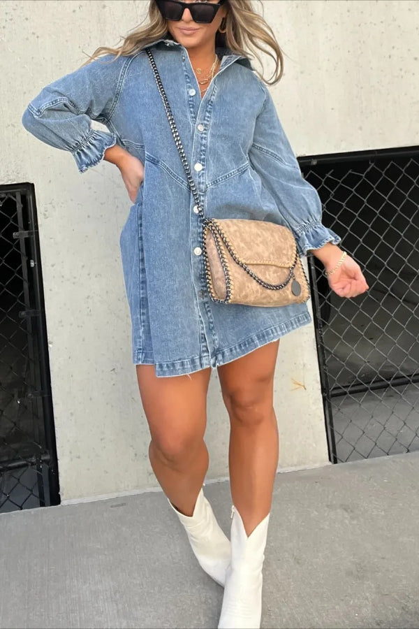 New Washed Denim Puff Sleeve Dress