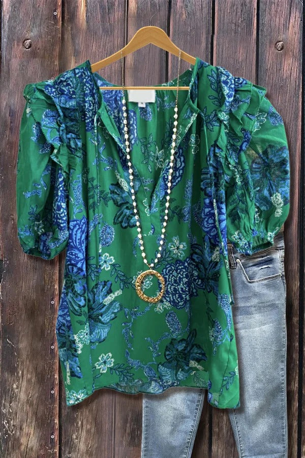 Floral Print V-Neck Ties Puff Sleeve Top