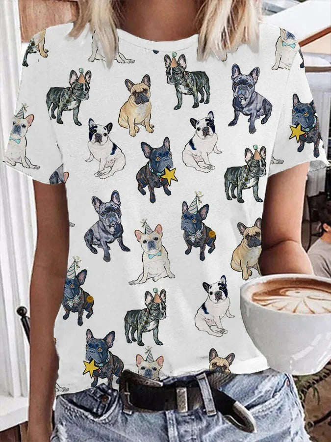 T-shirt décontracté imprimé bouledogue français pour femme