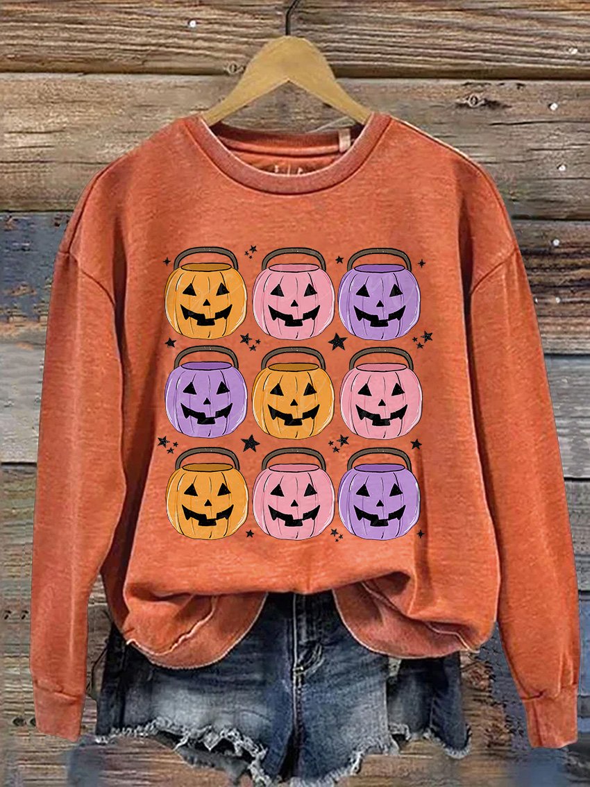 Pumpkin Buckets Halloween Casual Print Sweatshirt
