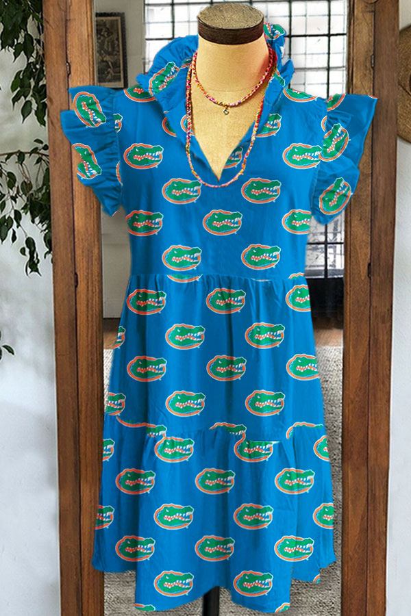 Plissiertes Rüschenkleid mit V-Ausschnitt und Alligator-Print