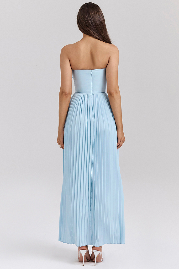 Strapless Cinch Waist Pleated Maxi Dresses