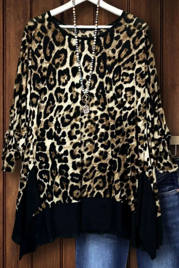 LEOPARD PRINT CREW NECK PATCHWORK TOP