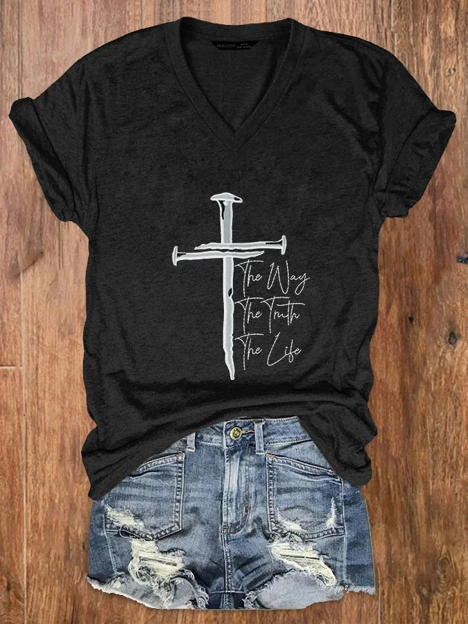 Women's Jesus The Way The Truth The Life Embroidered V Neck T-Shirt
