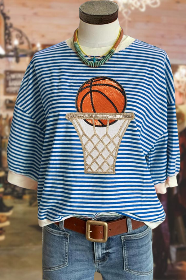 Basketball Hoop Sequin Stripe Print Puff Sleeve Top