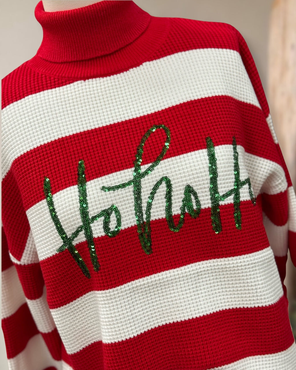 Stripe Turtleneck Sweater with Sequins Lettering