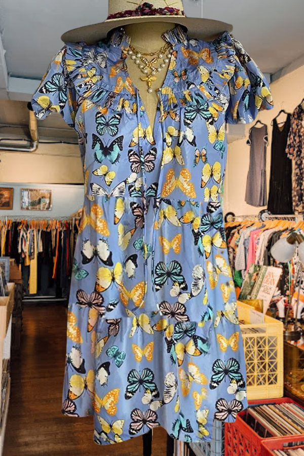 Butterfly Print V-Neck Puff Sleeve Dress