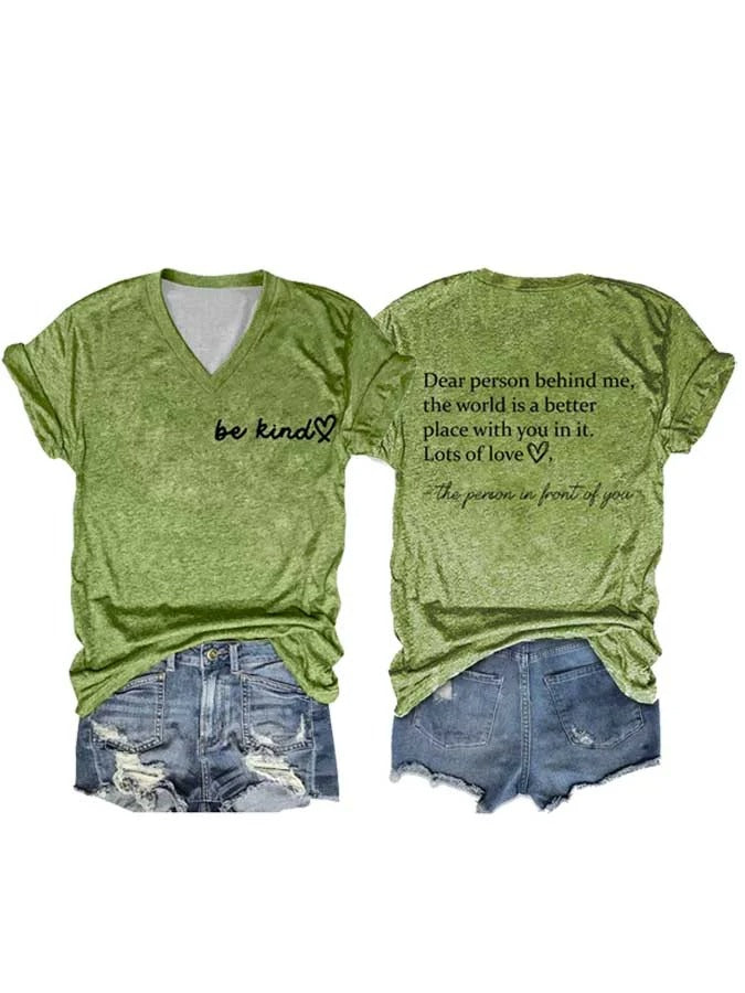 Damen-T-Shirt mit V-Ausschnitt und „Be Kind The World Is A Better Place With You In It“-Aufdruck, kurzärmlig