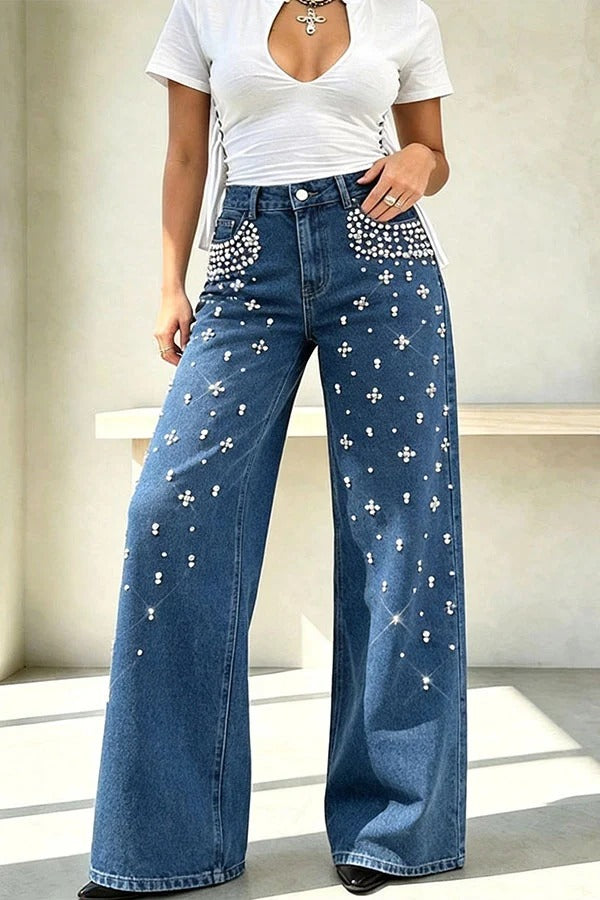 Janae Denim Pearl Beaded Detail Mid Waist Pocket Wide Leg Jeans