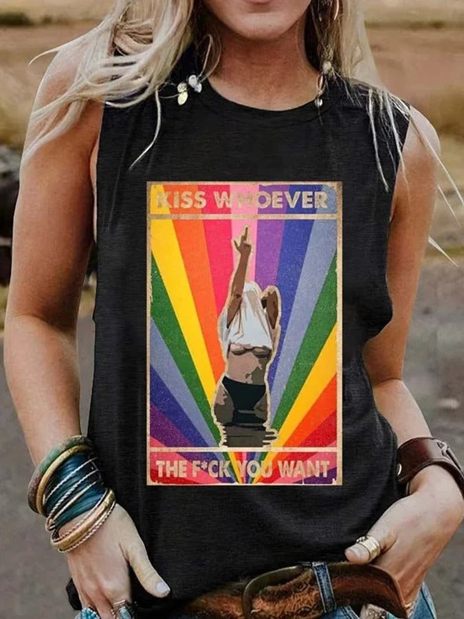 Women's Kiss Whoever The Fuck You Want Print Casual Tank Top
