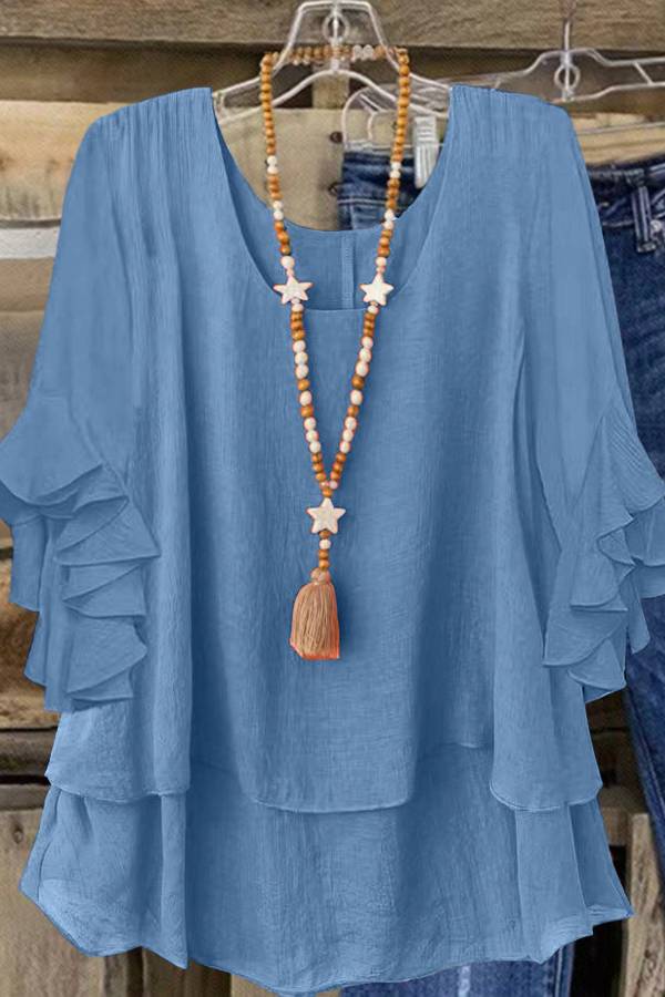 U-Neck Multi Ruffle Loose Cotton Linen Casual Top