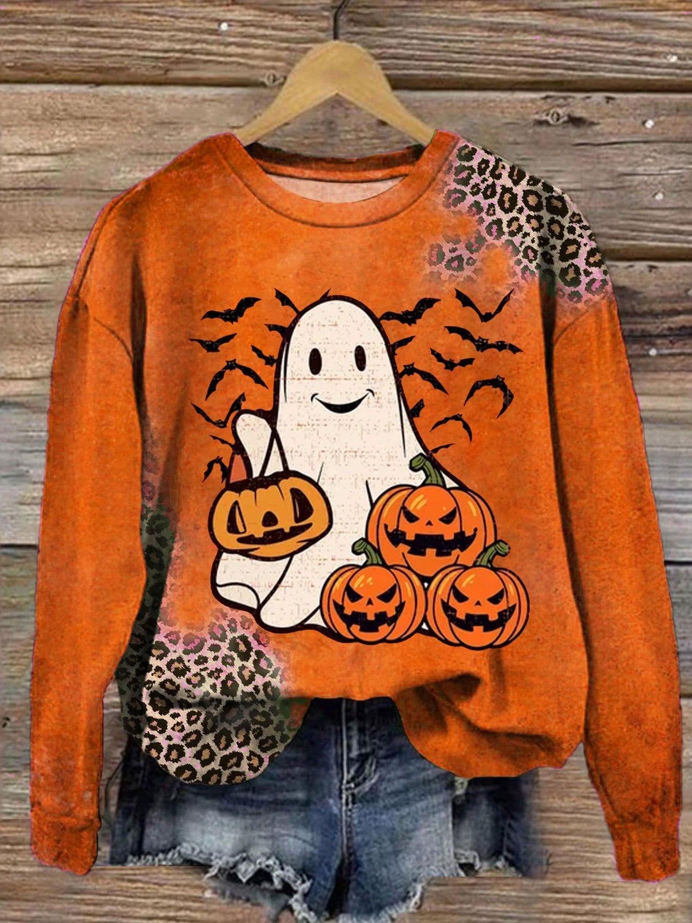 Sweat-shirt décontracté à imprimé fantôme mignon pour Halloween