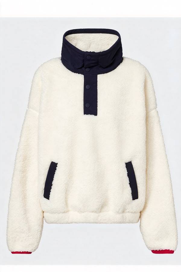 Cute Bear Print Colorblock High-Pile Fleece Zipper High Neck Long Sleeve Pocket Sweatshirts