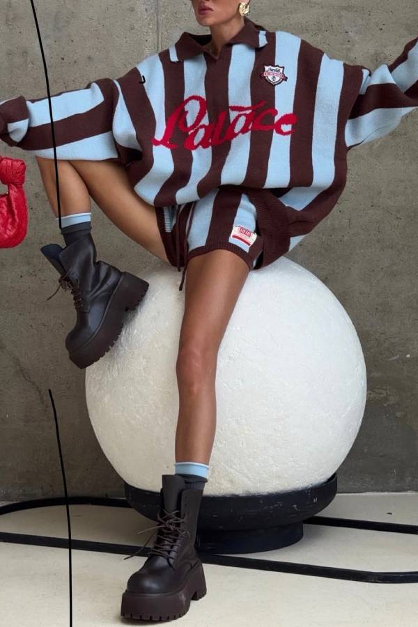 Vintage Striped Polo Collar Knit Sweater & Shorts Two‑Piece Set