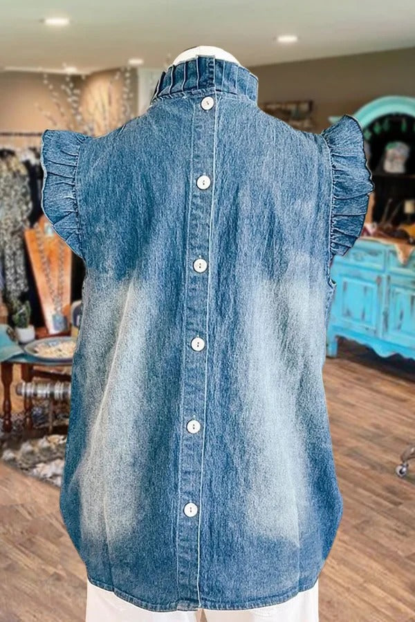 Washed Ruffle Sleeve Mock Neck Denim Top