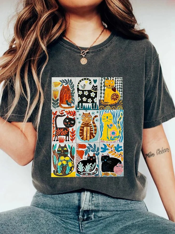 T-shirt décontracté à imprimé chat pour femme