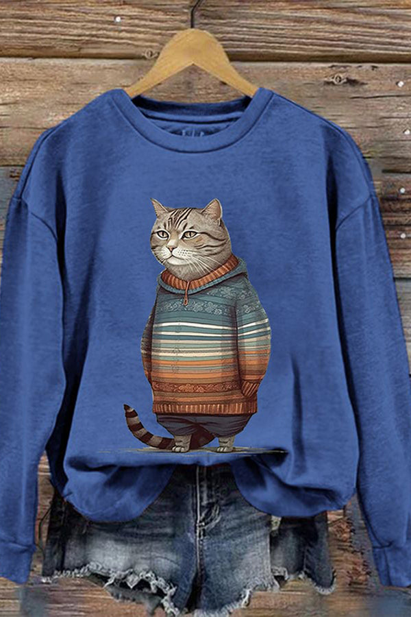 Women's Winter Cat Print Crew Neck Sweatshirt
