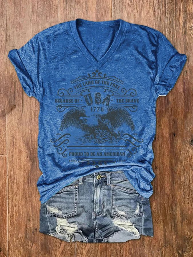 T-shirt décontracté à col en V pour femme, imprimé « Land of the Free Because of the Brave »