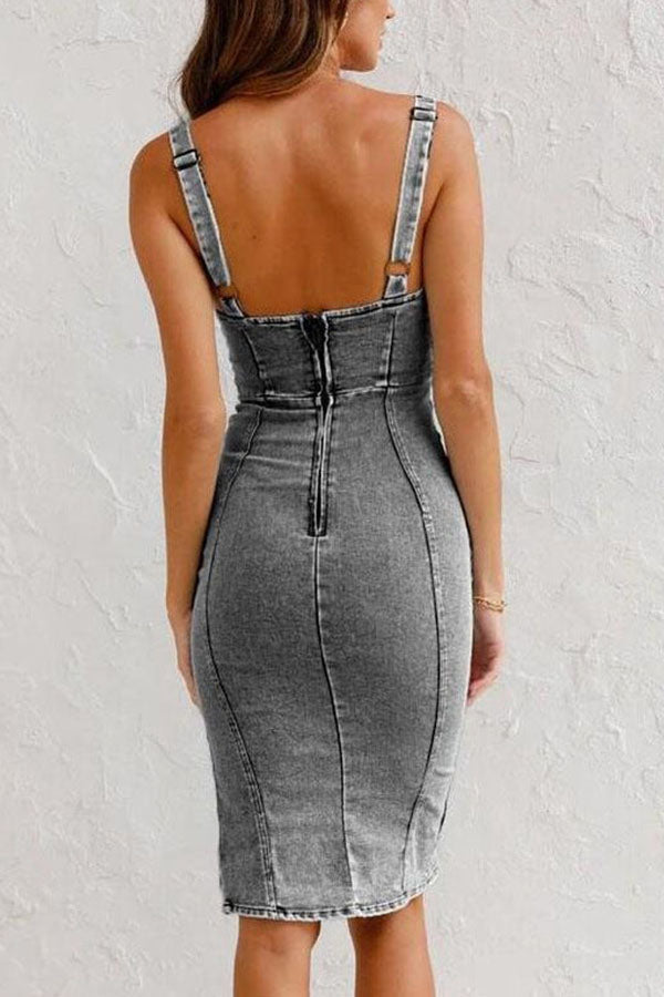 Robe midi en denim extensible et à bretelles réglables, fermeture éclair, incontournable de cette saison