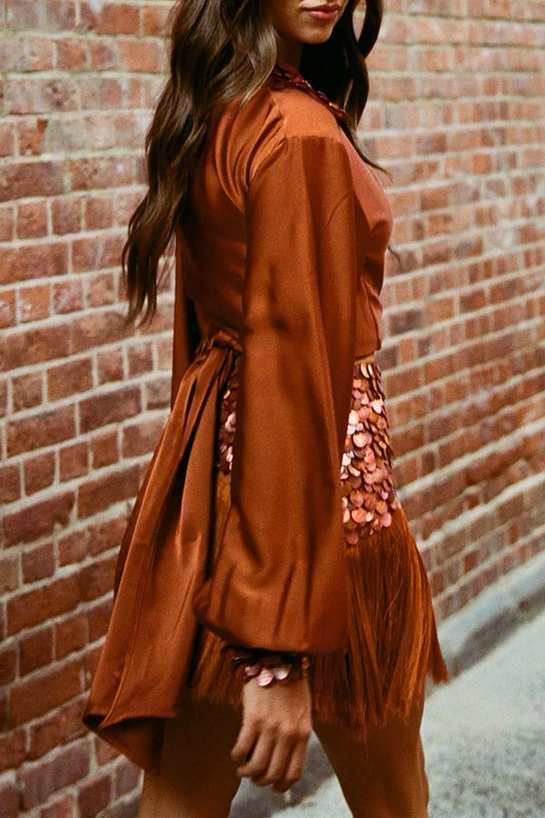 Velora Sequin Trim Wrap & Tie Satin Blouse