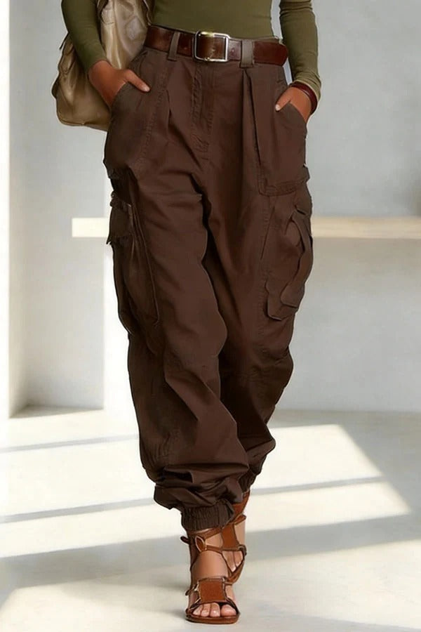 Street Style Solid Color High Waist Pocketed Loose Fit Cargo Pants