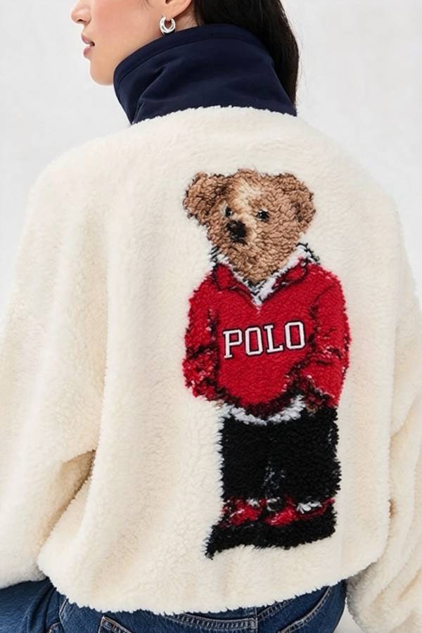 Cute Bear Print Colorblock High-Pile Fleece Zipper High Neck Long Sleeve Pocket Sweatshirts