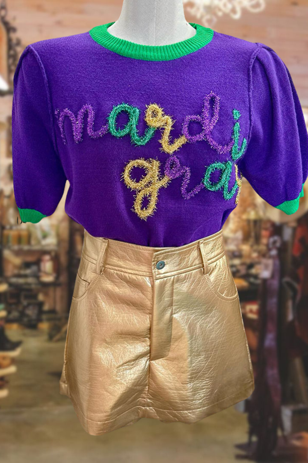 Mardi Gras Tinsel Puff Sleeve Sweater