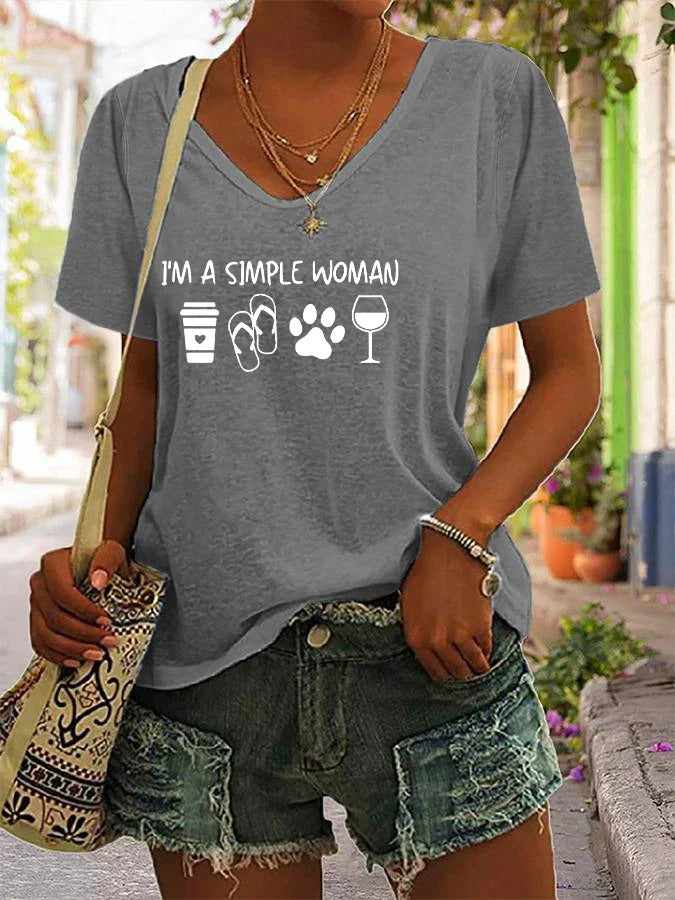 T-shirt décontracté à col en V pour femme avec imprimé pattes de chien « I'm A Simple Woman »