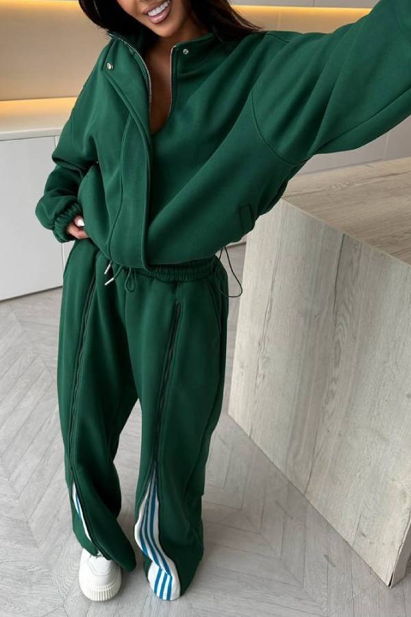 Stand‑Collar Zip‑Up Loose Tracksuit Two‑Piece Set