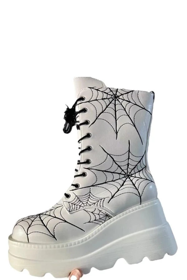 Platform Ankle Boots with A Spiderweb Pattern