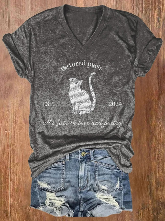 Women's All’s Fair In Love And Poetry Print Casual V Neck T-shirt