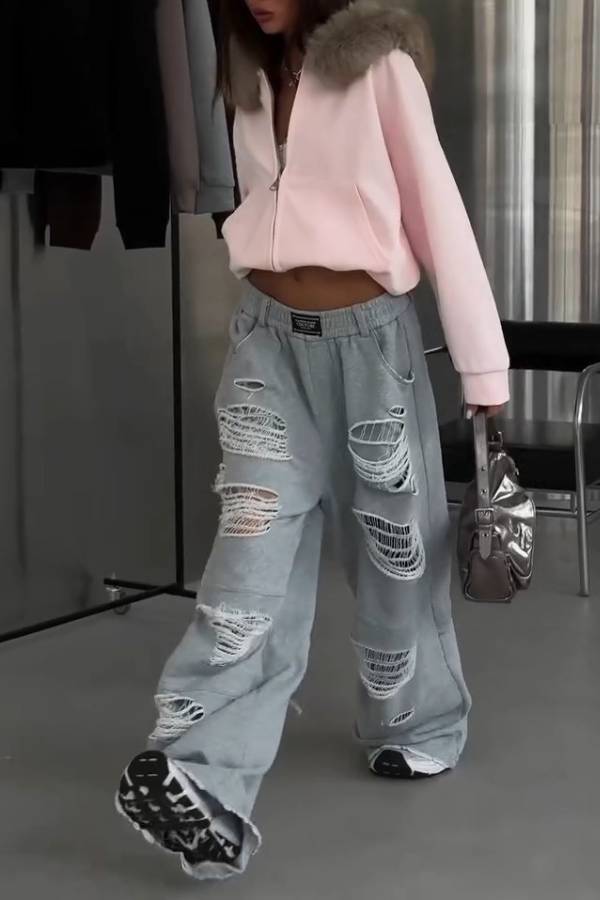Streetwear Multi-Ripped Wide Leg Sweatpants