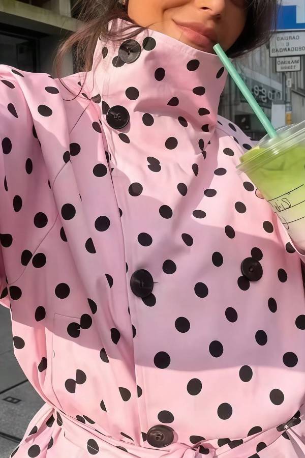 Levvie Polka Dot High Neck Long Sleeve Belted Pocket Crop Trench Jacket