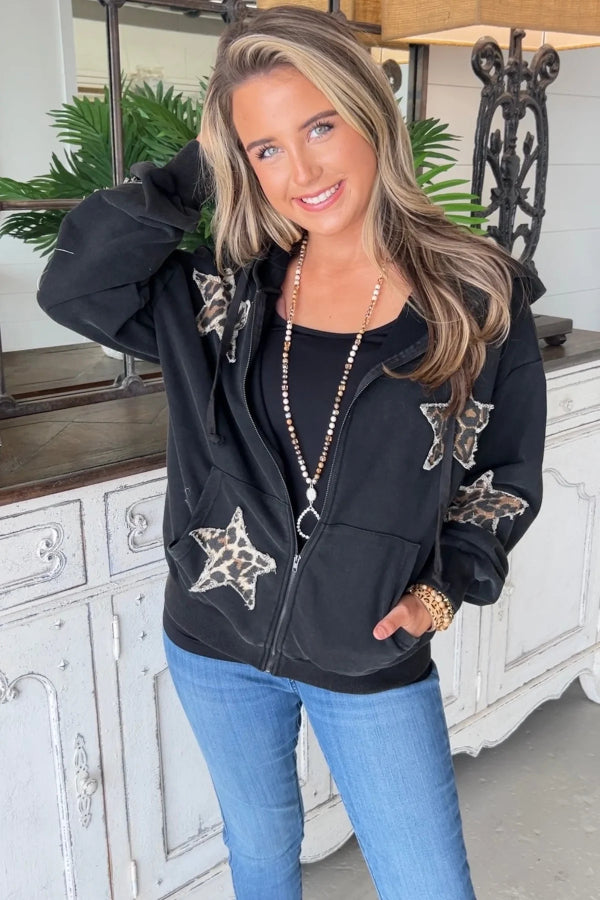 Oversized Star Patch Sweatshirt Jacket