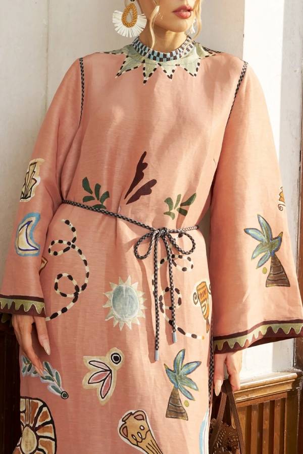 Graffiti Print Linen Robe Dress