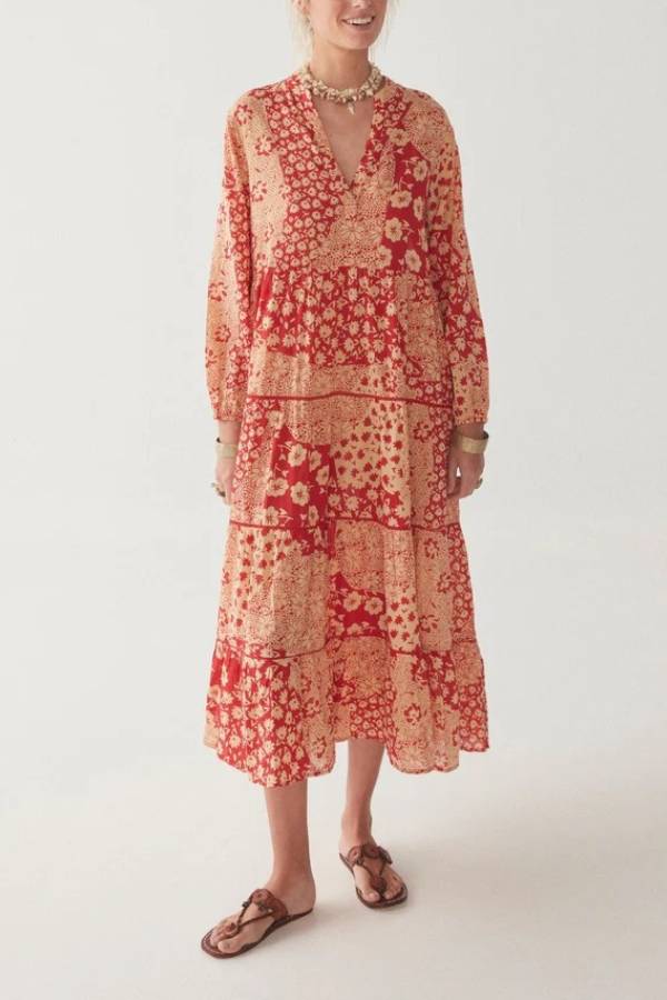 Bohemian Patchwork Print V‑Neck Long Sleeve Maxi Dress