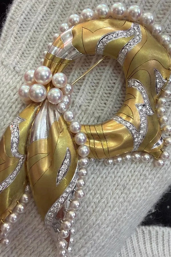 Vintage Silk Scarf and Shell Pearl Brooch