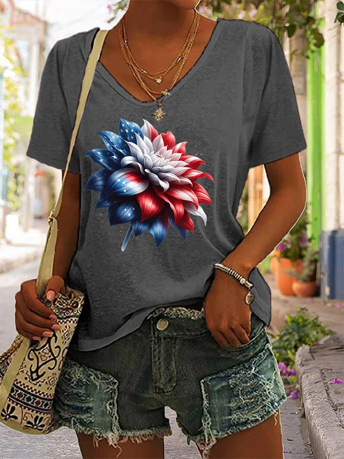 T-shirt col V à imprimé floral pour femme, fête de l'indépendance