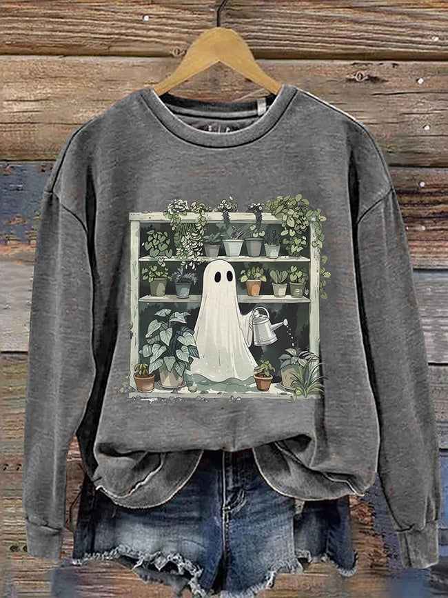 Ghost Plant Lady Halloween Plants Casual Print Sweatshirt