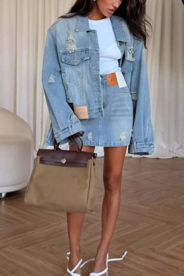 Distressed Denim Jacket and Mini Skirt Set