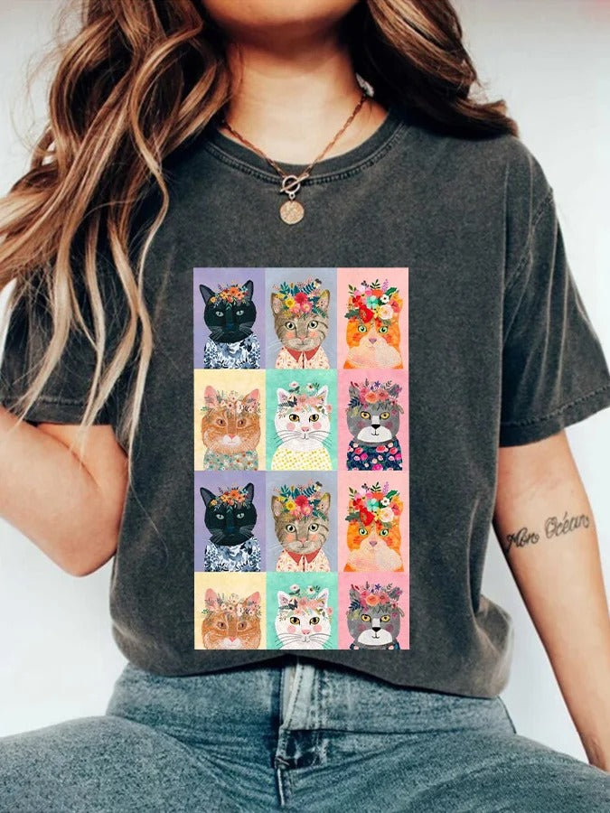T-shirt décontracté à imprimé chat pour femme