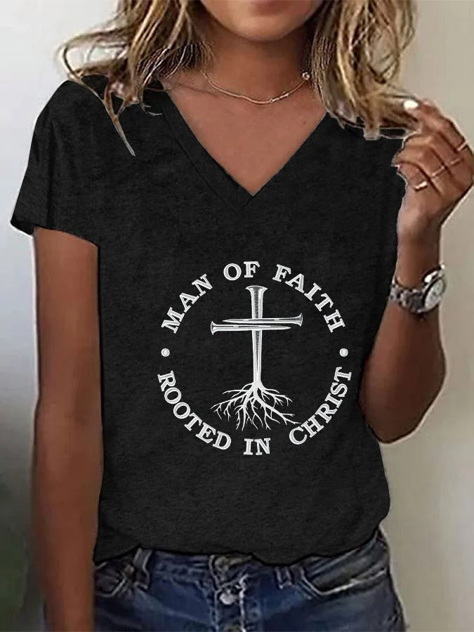 Women's Man of Faith Rooted in Christ Embroidered V Neck T-Shirt