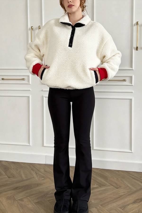 Christmas Reindeer Print Colorblock Trim High-Pile Fleece Zipper Half Neck Long Sleeve Pocket Sweatshirts