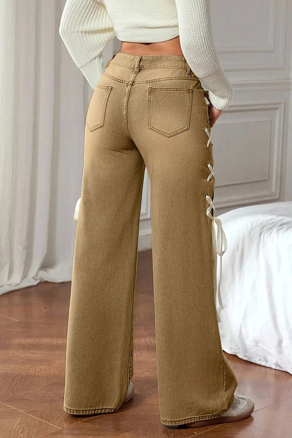Fashionable Denim Mid Rise Side Ribbon Lace-up Pocket Wide Leg Jeans