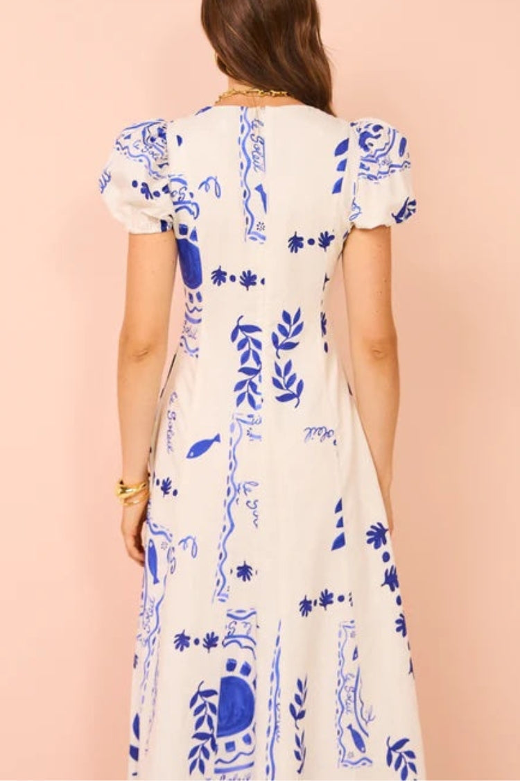 Embrace The Glamour Linen Blend Unique Print Puff Sleeve Pocketed Maxi Dress