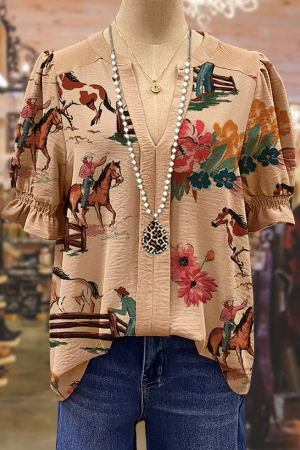 Haut à col en V et imprimé âne à fleurs mélangées