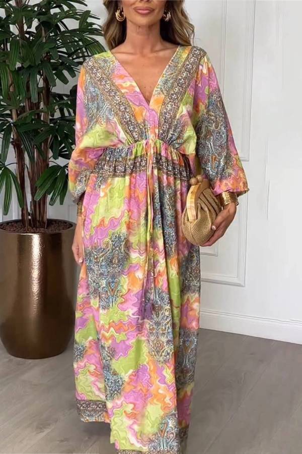 Summer Bold Floral Print Elastic Waist Backless Slit Casual Maxi Dress