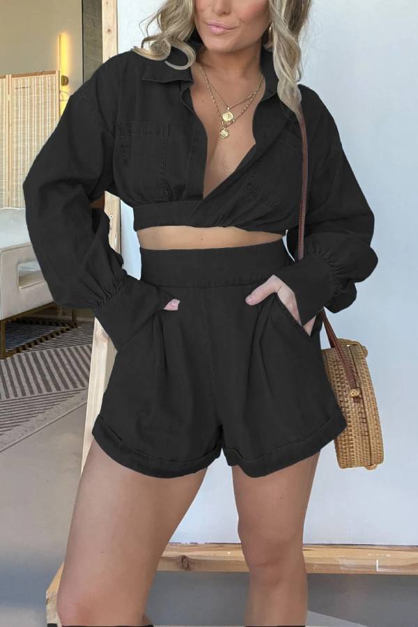 Long Sleeves Crop Shirt and Shorts Denim Set