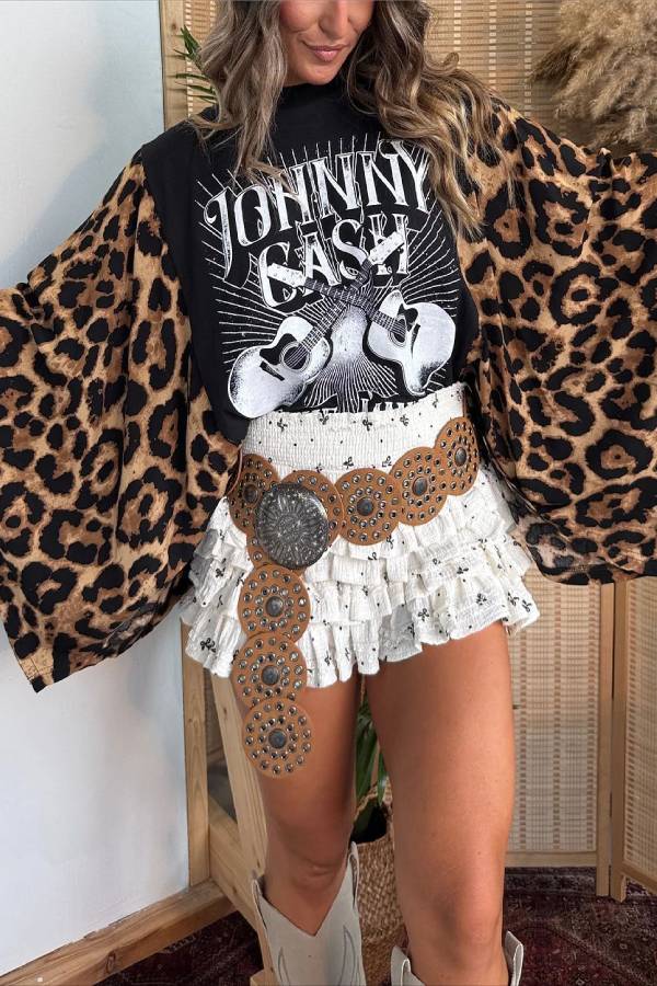 Johnny Cash Leopard Print Patchwork Top